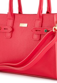 Red textured handbag with two short handles and a removable shoulder strap. Features gold logo plate and contrasting stitching details.