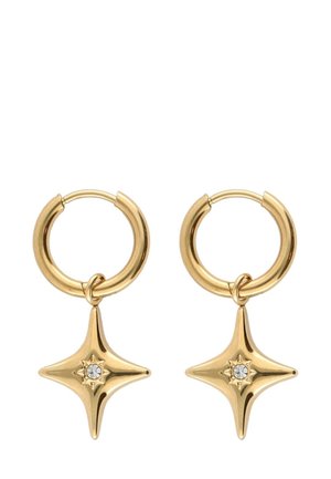 Boucles d'oreilles en or avec un pendentif en forme d'étoile et un strass clair central, offrant une texture lisse et une finition polie.