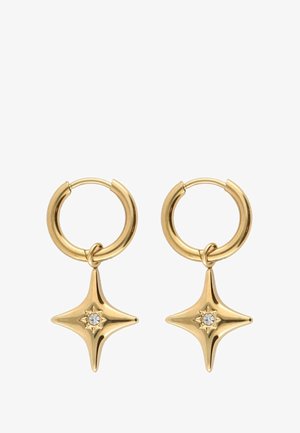 Goldene Creolen mit einem sternförmigen Anhänger, der einen zentralen klaren Strassstein trägt, bietet eine glatte Textur und hochglanzpolierte Oberfläche.