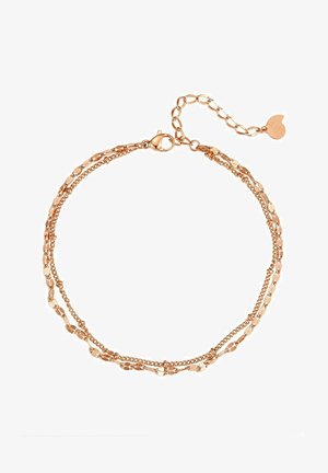 Armband aus Roségold mit ineinander verwobenen Kettendesigns, einer Mischung aus flachen und runden Gliedern sowie einem herzförmigen Anhänger mit einem Verschluss.