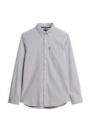 Gestreepte button-up shirt in lichtgrijs en wit, gemaakt van geweven stof, met een kraag, lange mouwen en een borstzak aan de voorkant.
