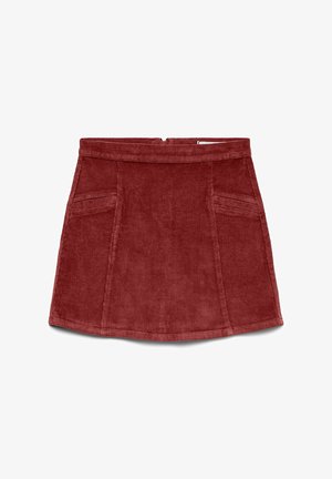 Katoenen mini rok in dieprood met voornaaddetails, zijzakken en een achterste ritssluiting.