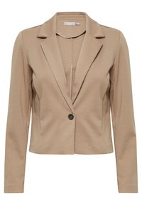 Beige blazer i smidigt tyg med långa ärmar, skarpa slag och en enda svart knappknäppning fram.