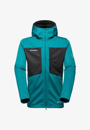Teal softshelljack met zwarte borstpanelen, ritssluiting aan de voorkant, capuchon en Mammut-logo op de linkerborst en de bovenkant van de rechtermouw.