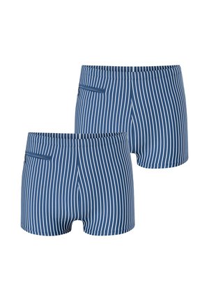 Deux paires de maillots de bain bleu à rayures blanches verticales avec une petite poche zippée sur le côté gauche.