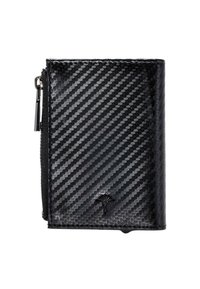 Cartera negra de fibra de carbono con un lateral con cremallera, superficie texturizada con un patrón diagonal y un pequeño logo en relieve.