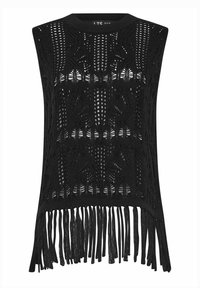 Top senza maniche in maglia nera con un motivo in pizzo, dotato di scollatura a coste e frange lunghe all'orlo. Design leggero e a trama aperta.