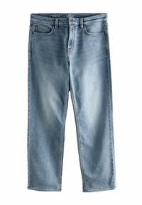 Gai zilu džinsi ar klasisku taisno kāju piegriezumu, ar rāvējslēdzēju, piecām kabatām un nodilušiem efektiem uz auduma.