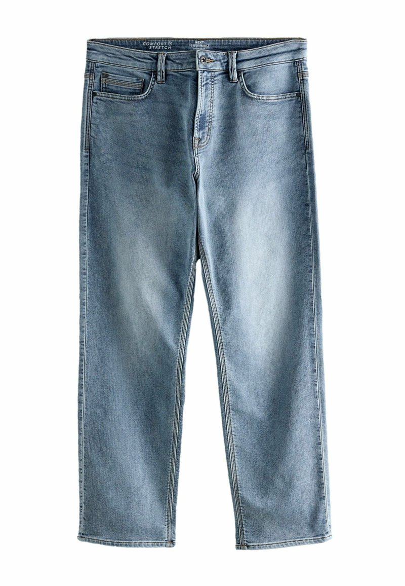 Gai zilu džinsi ar klasisku taisno kāju piegriezumu, ar rāvējslēdzēju, piecām kabatām un nodilušiem efektiem uz auduma.