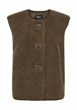 Veste en polaire marron avec un col rond, trois boutons avant proéminents et une surface texturée pour plus de chaleur et de confort.