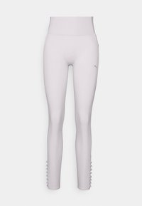 Leggings cinzentos claros de cintura alta feitos de material elástico, com uma textura suave e um detalhe lateral único com laços no tornozelo.