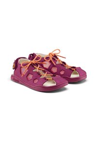 Purple sandals with hexagonal cutouts, orange laces, and a textured sole. Open-toe design for breathability. Light and flexible material.