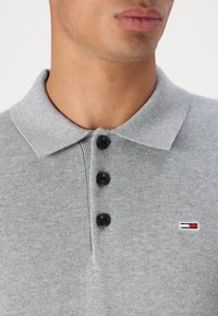 Pilkas megztas polo marškinėliai su klasikiniu apykakle, trimis juodais mygtukais ir mažyčių logotipu su raudonais ir mėlynais akcentais ant krūtinės.