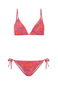 Roosa ja oranž paisley-musteriga bikiin komplekt, mis sisaldab kolmnurkset ülemist osa õhukeste rihmadega ja põhja reguleeritavate küljetõmblustega.