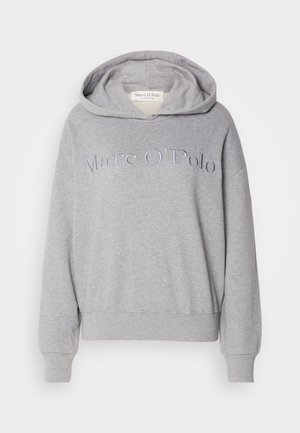 Hellgrauer Kapuzenpullover mit gerippten Bündchen und Saum, mit gesticktem "Marc O'Polo"-Text auf der Vorderseite in einem passenden Farbton.