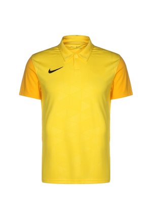 Polo jaune à manches courtes avec col et logo Nike noir sur le côté droit de la poitrine, avec un motif géométrique discret sur le devant.