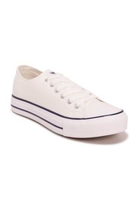 Zapatilla de lona blanca con punta redonda, suela de goma blanca y detalle de raya azul marino. Cuenta con seis ojales y cordones blancos. Punta de goma.
