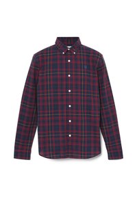 Camisa de cuadros en rojo y azul marino, de manga larga y con botones, con un cuello estructurado y botones blancos, que presenta un pequeño logo en el pecho.