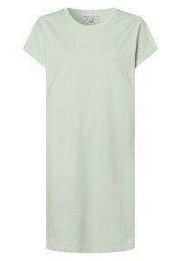 Světle zelené bavlněné šaty ve tvaru trička s krátkým rukávem, kulatým výstřihem a volným střihem, které mají minimální švy a žádné vzory.
