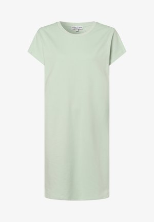Hellgrünes Baumwoll-T-Shirt-Kleid mit kurzen Ärmeln, rundem Halsausschnitt und lockerer Passform, das minimale Nähte und keine Muster aufweist.