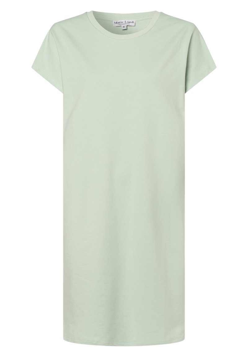 Světle zelené bavlněné šaty ve tvaru trička s krátkým rukávem, kulatým výstřihem a volným střihem, které mají minimální švy a žádné vzory.