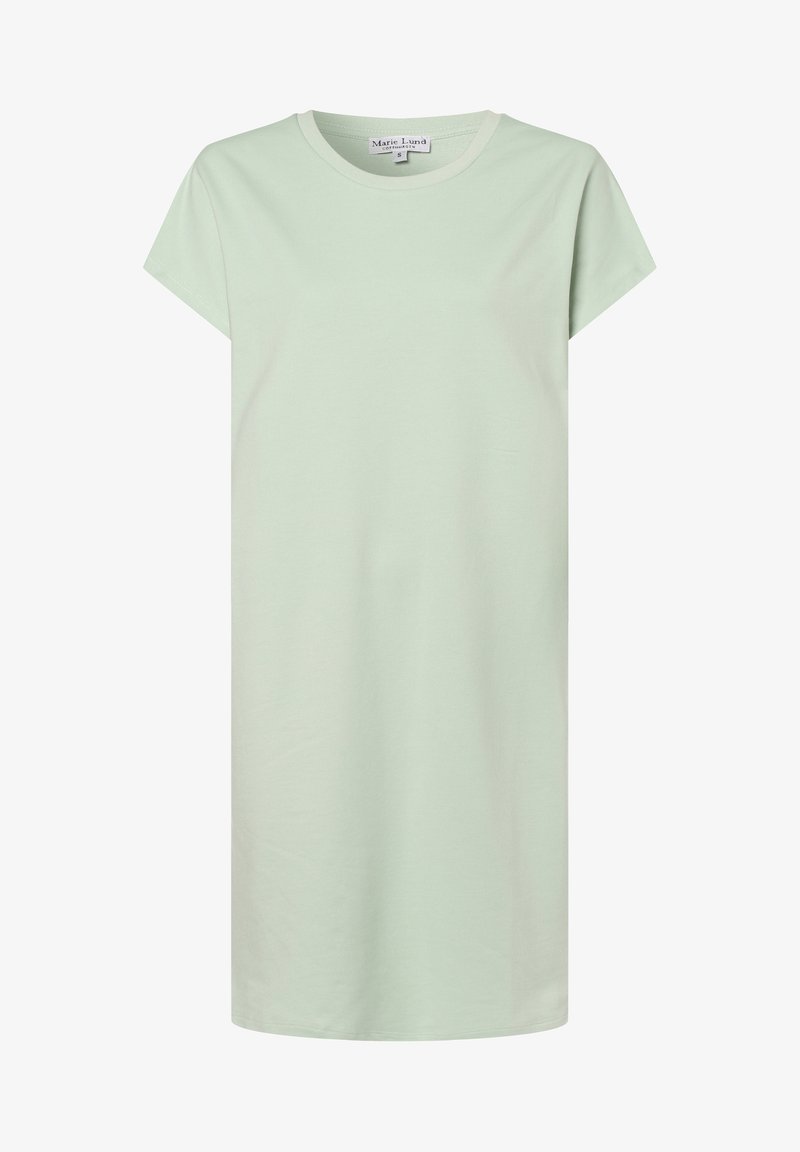 Světle zelené bavlněné šaty ve tvaru trička s krátkým rukávem, kulatým výstřihem a volným střihem, které mají minimální švy a žádné vzory.