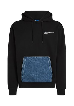 Sweatshirt à capuche noir en coton, avec une poche en denim à l'avant et le texte du logo blanc "KARL LAGERFELD JEANS" sur la poitrine.