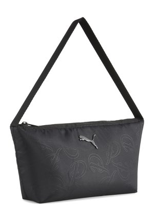 Bolso de hombro negro de Puma con cierre de cremallera, patrones en relieve sutiles y logo plateado de Puma en la parte delantera.