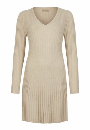 Strickkleid in Beige mit V-Ausschnitt, langen Ärmeln und vertikal geripptem Textur, mit gerader Silhouette und knielangem Saum.