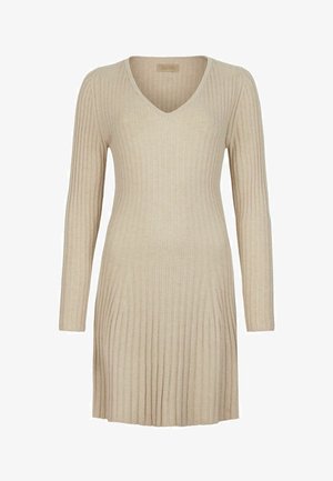 Strickkleid in Beige mit V-Ausschnitt, langen Ärmeln und vertikal geripptem Textur, mit gerader Silhouette und knielangem Saum.