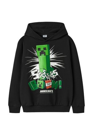 Sweat à capuche noir avec un personnage Minecraft Creeper vert et le texte "Ssss Boom!" avec un graphique de bloc TNT à l'avant.