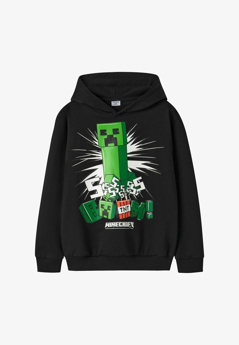 Sweat à capuche noir avec un personnage Minecraft Creeper vert et le texte "Ssss Boom!" avec un graphique de bloc TNT à l'avant.