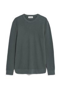Pull vert en tricot à manches longues avec un motif gaufré texturé, col rond et poignets et ourlet côtelés. Étiquette logo subtile à l'ourlet.