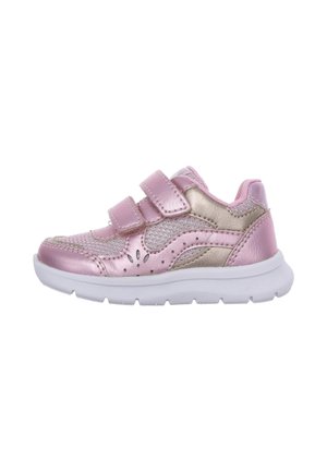 Child's pink and silver sneaker with two Velcro straps and white sole, showing side view on a white background.