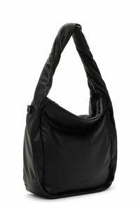 Musta nahkainen olkalaukku, jossa on kierretty kahva, pehmeä rakenne, rento muotoilu ja vetskarellinen tasku turvallista sulkemista varten.