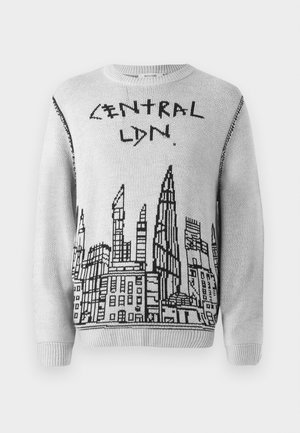 Szary sweter dzianinowy z czarnym graficznym wzorem przedstawiającym panoramę miasta i napisem "CENTRAL LDN.", okrągłym dekoltem oraz ściągaczami przy mankietach.