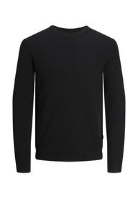 Pull noir côtelé à manches longues avec col rond, silhouette ajustée et sans logo ni ornement visible.