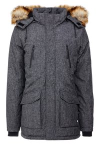 Parka aislante gris con capucha forrada de piel, dos bolsillos frontales y bolsillos adicionales en el pecho con cremallera. Tejido grueso y texturizado.