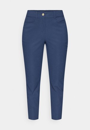 Pantalon bleu marine ajusté à coupe droite. Dispose d'une fermeture à bouton, de deux poches frontales et d'une texture de tissu lisse. Design simple.