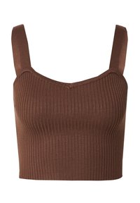 Brown ribbed crop top with wide shoulder straps and a straight neckline. The fabric has a smooth texture and form-fitting design.