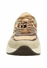 Beige sneaker with a textured suede upper, mesh panels, and brown accents. Features rounded toe, lace-up design, and patterned details.