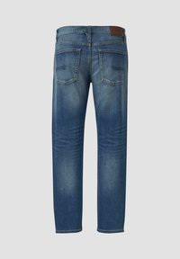 Blaue Jeans mit geradem Bein, zwei Gesäßtaschen, einem Taillenbund mit Gürtelschlaufen und leichter Ausbleichung an Beinen und Gesäß.