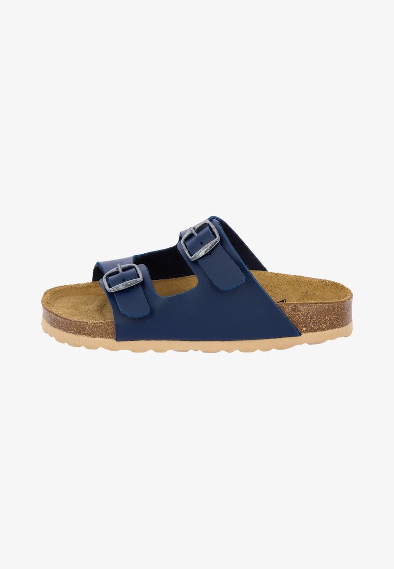 Navy blue slip-on sandal with two adjustable buckle straps, cork footbed, and textured rubber sole for grip.