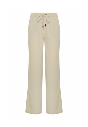 Beige wijde broek met elastische tailleband en trekkoord met aan de uiteinden twee donkere kralen, effen voorkant.