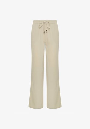 Beige wijde broek met elastische tailleband en trekkoord met aan de uiteinden twee donkere kralen, effen voorkant.