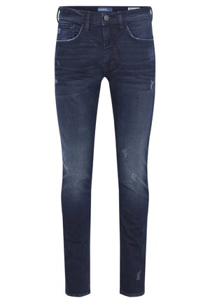 Dunkelblaue Jeans im Slim-Fit-Schnitt, mit leichten Ausbleichungen, distressed Stellen und klassischem Five-Pocket-Design. Metallknopfverschluss.