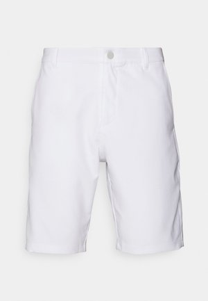 Calções brancos feitos de um tecido suave, com um design clássico, featuring um fecho de botão e bolsos. Linhas limpas e sem padrões visíveis.