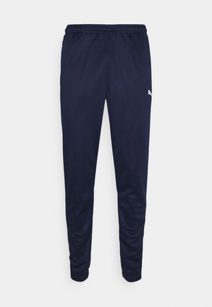 Navy athletic pants made from lightweight material, featuring an elastic waistband and tapered legs. Small white logo detail on the side.