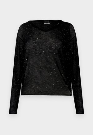 Čierny dlhý rukáv s výstrihom do V, vyrobený z ľahkej tkaniny s roztrúsenými kovovými akcentmi pre textúrovaný vzhľad.