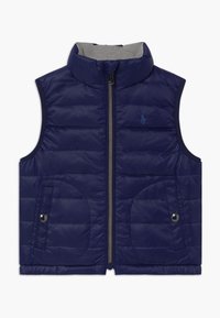Navyblauw gewatteerd mouwloos vest met rits aan de voorkant, twee drukknopzakken en een verhoogde kraag, met een subtiel logo op de borst.